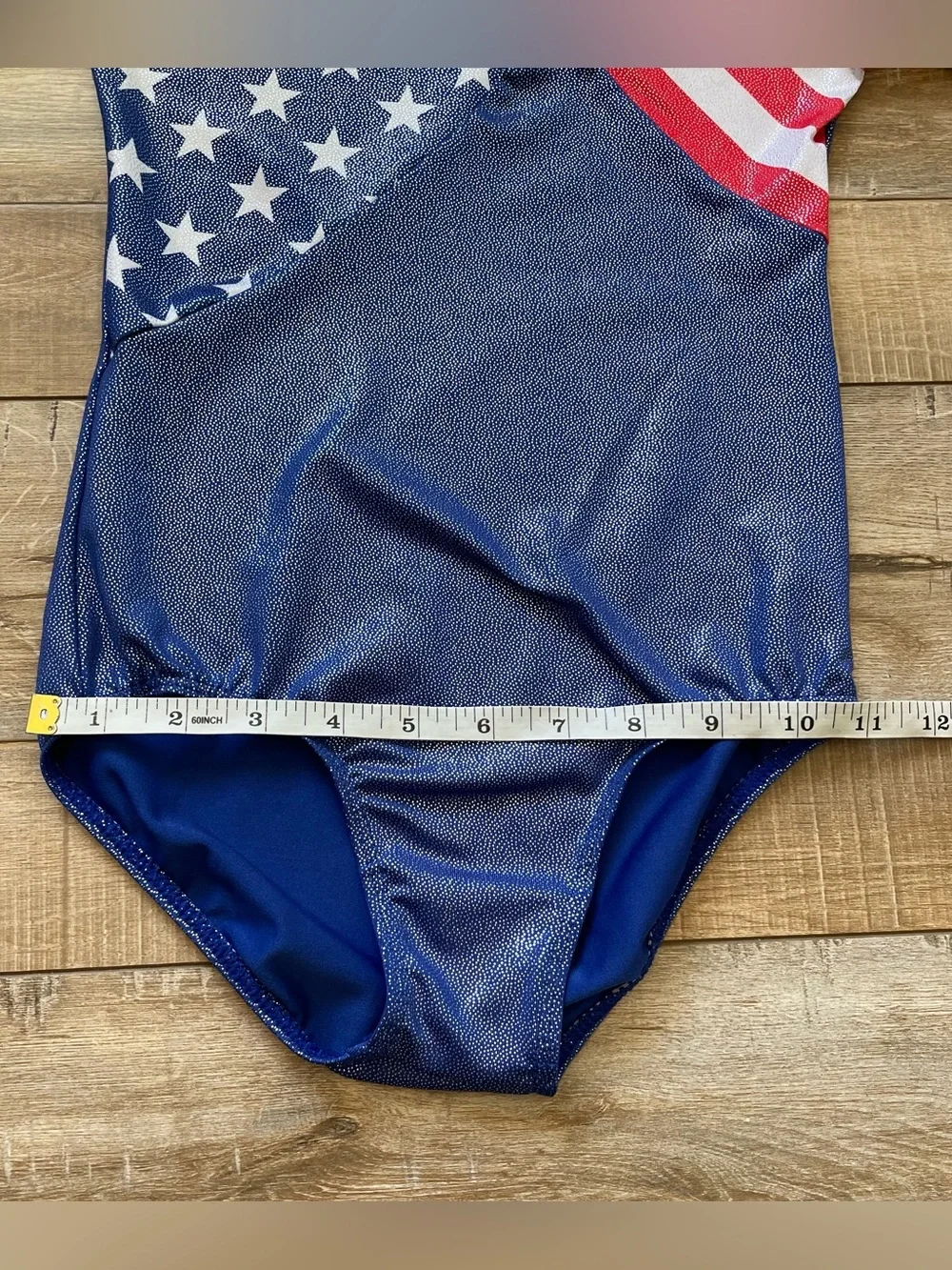 Girls Gymnastics Leotard Size 8A USA American Flag Long Sleeve Metallic Blue
